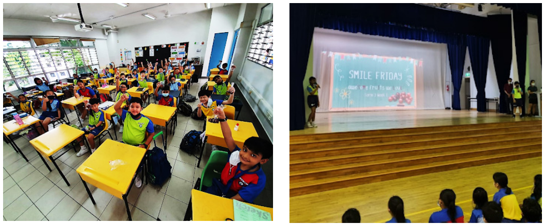 Students raise hands in a classroom; right shows kids in an auditorium facing a Smile Friday stage screen.